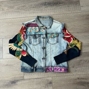 Desigual Embroidered Denim Jacket with Floral Sleeves